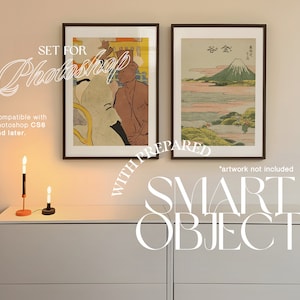 May include: Two framed prints on a white wall above a white dresser with two candles on top. The print on the left is a colorful illustration of a person in a hat. The print on the right is a black and white illustration of a mountain with the text "谷金" in the top left corner. The text "SET FOR Photoshop WITH PREPARED SMART OBJECT *artwork not included" is written in white on the wall.