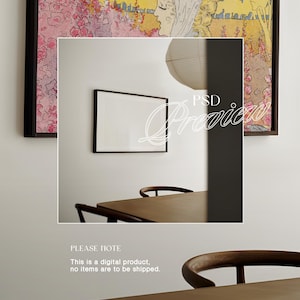May include: A white ceiling light fixture with a round, white shade hangs above a wooden table with four chairs. A framed print with pink and yellow flowers hangs on the wall behind the table. The text "PSD Preview" is written in white on a black background.