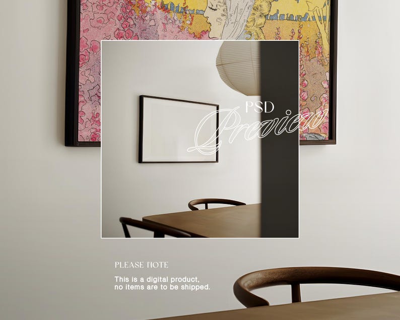 May include: A white ceiling light fixture with a round, white shade hangs above a wooden table with four chairs. A framed print with pink and yellow flowers hangs on the wall behind the table. The text "PSD Preview" is written in white on a black background.