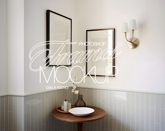 DIN A Frame Mockup for Photoshop | Two Vertical Frame Mockup Template Bathroom Scene PSD | ISO Frame Mockup for Art and Prints