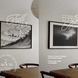 May include: Two framed images, one with a full frame and the other with a frame mat. The full frame image is a black and white print of a wave. The frame mat image is a black and white landscape photo. The text "Full Frame" and "Frame with Mat" are written in white on a black background.