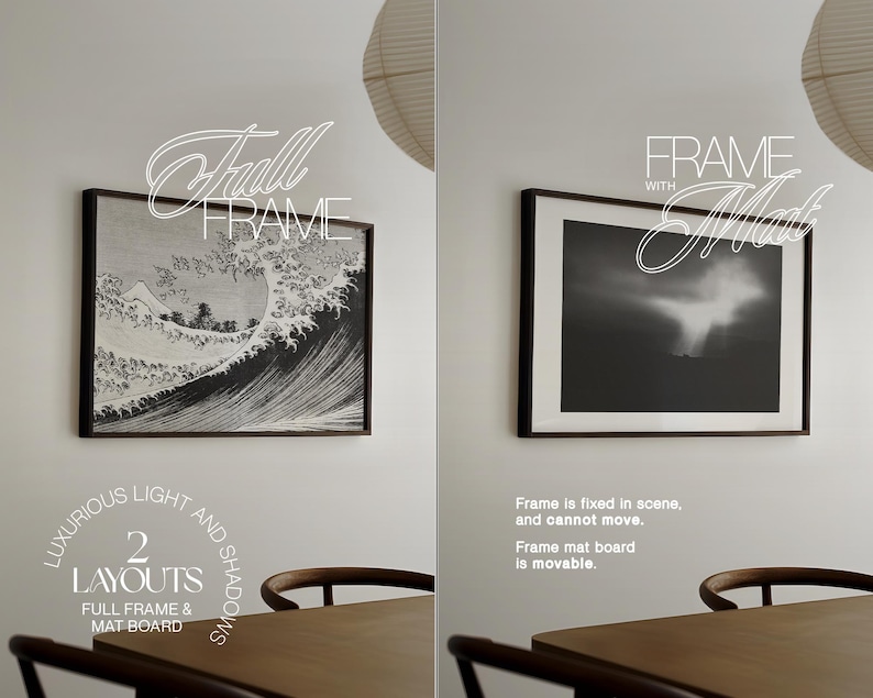 May include: Two framed images, one with a full frame and the other with a frame mat. The full frame image is a black and white print of a wave. The frame mat image is a black and white landscape photo. The text "Full Frame" and "Frame with Mat" are written in white on a black background.