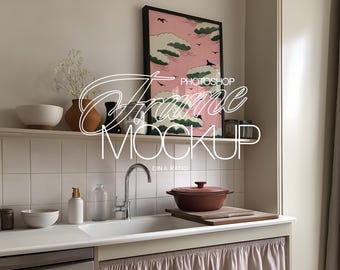 DIN A Black Frame Photoshop Mockup in Classic Kitchen Scene | A2 Poser Mockup for Art and Prints Display