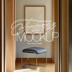 May include: A room interior featuring a framed artwork and a small stool. The artwork is in a light brown frame, and the stool has a black seat and a chrome frame. The text "Photoshop Frame Mockup" is overlaid on the image.