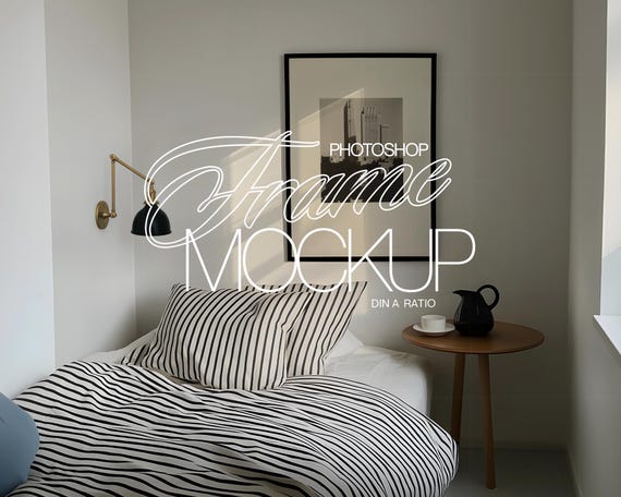 DIN A Black Frame Photoshop Mockup Template for Art and Prints Display in Trendy Boho Bedroom Scene | ISO A3 Frame Mockup for Wall Art