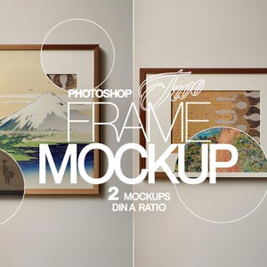 Puede incluir: Dos impresiones artísticas enmarcadas con marcos de madera se exhiben en una pared de color claro. Las impresiones presentan escenas de paisajes coloridos. El texto "Photoshop Frame Mockup" se superpone a la imagen, junto con el texto "2 Mockups in a Ratio."