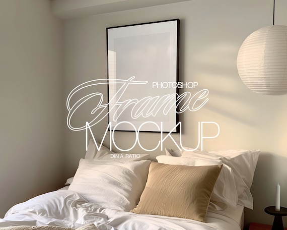 DIN A Black Frame Photoshop Mockup in Japandi Bedroom Scene | ISO A1 Frame Mockup PSD Template for Art and Prints Display