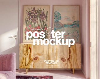 Two DIN A Poster Mockup for Photoshop: Art Template in Pink Interior Scene (Digital Download)