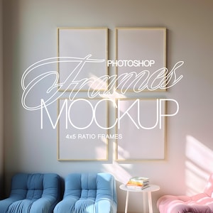 May include: Four light wood picture frames with white mats, arranged in a grid on a light beige wall. The frames are empty and ready for your photos or artwork. The frames are in a living room setting with two blue armchairs and a pink armchair in the foreground.