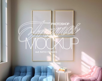 4x5 Frame Gallery Wall Mockup for Photoshop | Four Frame Mockup PSD Template | Danish Pastel Retro Frame Mockup for Art and Printables