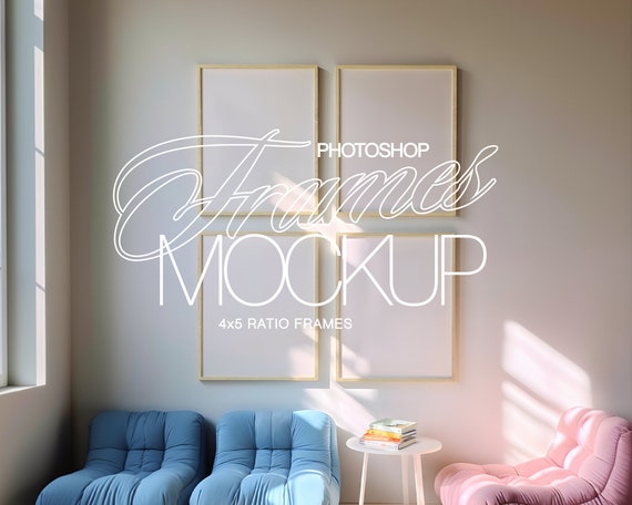 4x5 Frame Gallery Wall Mockup for Photoshop | Four Frame Mockup PSD Template | Danish Pastel Retro Frame Mockup for Art and Printables
