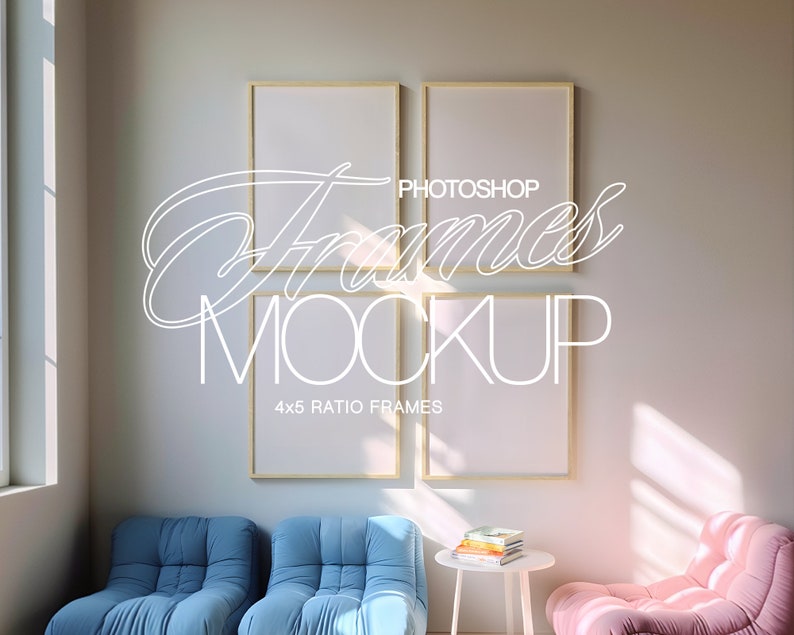 May include: Four light wood picture frames with white mats, arranged in a grid on a light beige wall. The frames are empty and ready for your photos or artwork. The frames are in a living room setting with two blue armchairs and a pink armchair in the foreground.
