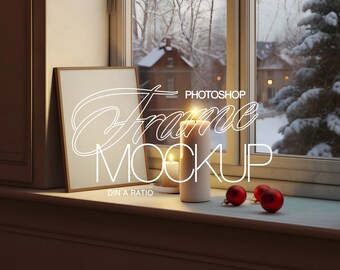DIN A Photoshop Frame Mockup Winter Windowsill | Vertical A4 ISO Frame PSD Template Festive Scene for Art and Prints
