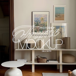DIN A Tre-ramars Photoshop-mockup i retro boho-inredningsscen | A3- och A4-rammockup PSD-mall för konst och tryck