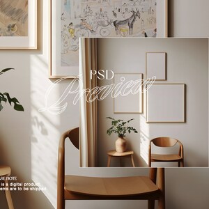 May include: A mockup of a room interior with two framed pictures and a chair. The walls are a light beige color. The chair is made of wood and has a light brown finish. The pictures are both rectangular and have a light wood frame. The picture on the left is a drawing of a city scene. The picture on the right is blank. The text "PSD Preview" is written in white on the image.