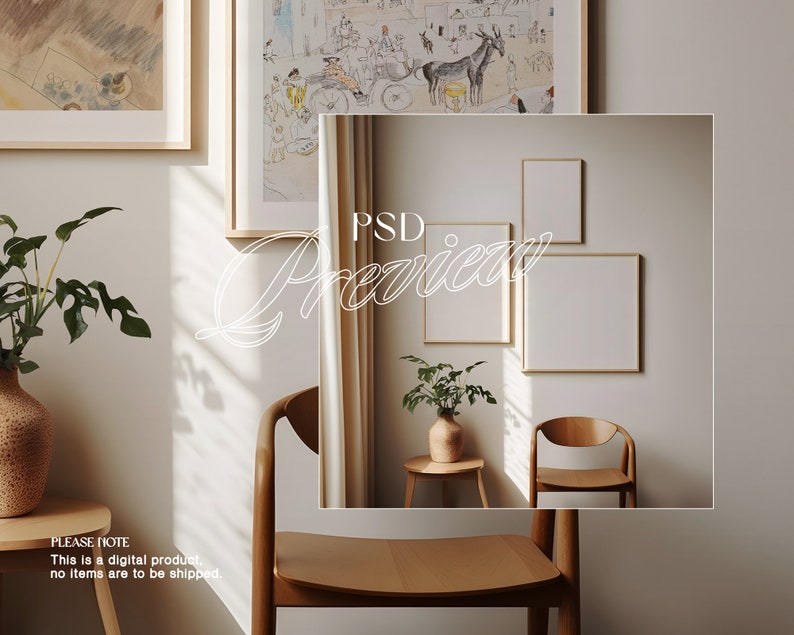 May include: A mockup of a room interior with two framed pictures and a chair. The walls are a light beige color. The chair is made of wood and has a light brown finish. The pictures are both rectangular and have a light wood frame. The picture on the left is a drawing of a city scene. The picture on the right is blank. The text "PSD Preview" is written in white on the image.
