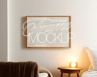 Horizontal PSD Frame Mockup with Warm Light | DIN A Wood Frame Photoshop Template | PSD with Smart Object