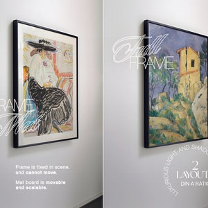 May include: Two framed paintings on a white wall. The painting on the left is a colorful abstract painting of a woman wearing a hat. The painting on the right is a landscape painting of a yellow building on a hillside with green trees and blue sky. The text "FRAME WITH Mat" is in the lower left corner of the image. The text "Full FRAME" is in the upper left corner of the image. The text "LUXURIOUS LIGHT AND SHADOWS 2 LAYOUTS DIN A RATIO" is in the lower right corner of the image.