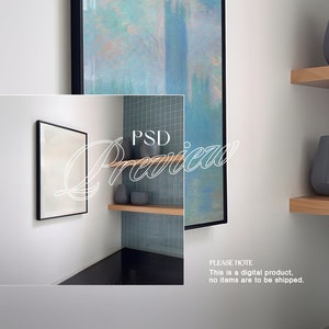 May include: A kitchen interior with a black framed picture hanging on a white wall. The picture is next to a shelf with three gray ceramic vases. The wall behind the shelf is tiled in a light blue color. The text "PSD Preview" is written in white on the image.