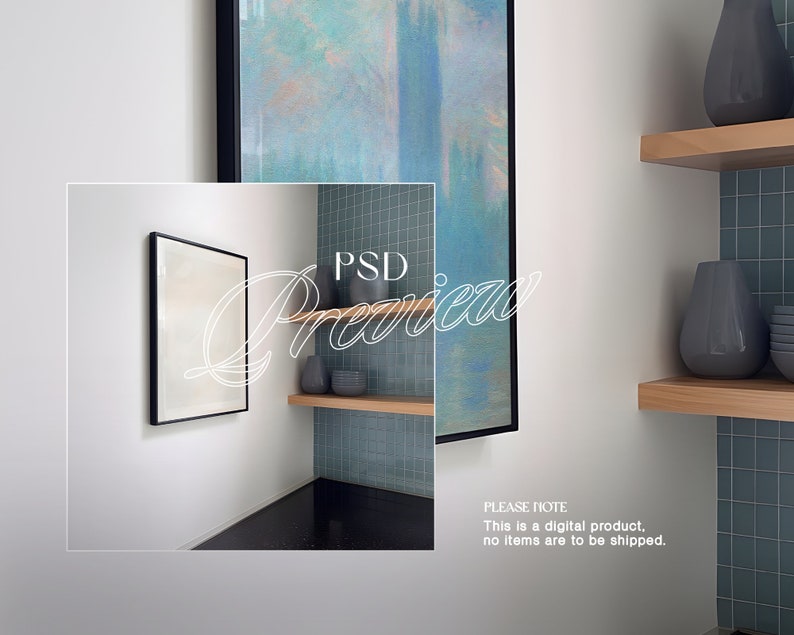 May include: A kitchen interior with a black framed picture hanging on a white wall. The picture is next to a shelf with three gray ceramic vases. The wall behind the shelf is tiled in a light blue color. The text "PSD Preview" is written in white on the image.