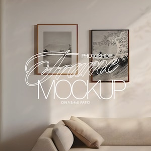 May include: A mockup of two framed prints hanging on a white wall. The print on the left is a black and white image of a mountain range. The print on the right is a black and white image of a wave crashing against a rock. The text "PHOTOSHOP Frame MOCKUP DIN A & 4x5 RATIO" is printed below the frames.