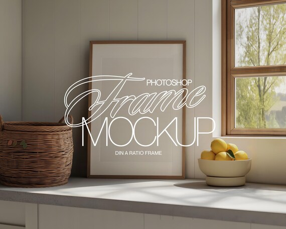 DIN A Leaning Frame Mockup Photoshop Template for Art and Prints Display in Luxury Kitchen Scene | PSD A2 Frame Mockup File