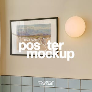 DIN A Landscape Frame Photoshop Mockup Template in Retro Bathroom Scene | Poster Mockup PSD for Art and Printables Display