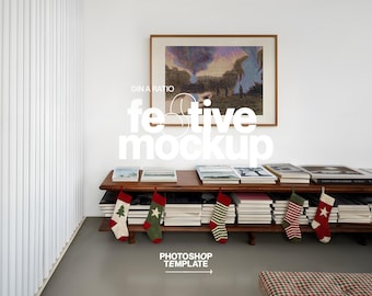 DIN A Poster Mockup for Photoshop: Landscape Frame in Minimalist Christmas Scene (Digital Download)