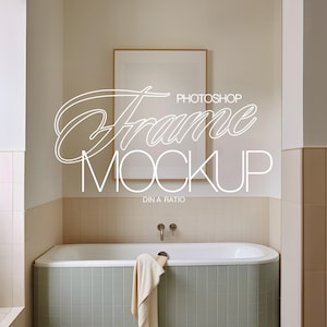 DIN A Wood Frame Photoshop Mockup Above Bath in Lux Retro Interior Scene | A1 Art Display PSD Mockup Template for Wall Art and Prints