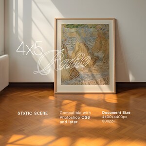 May include: A framed print of a painting depicting a field of wheat stalks in shades of yellow, brown, and blue. The painting is in a simple, light wood frame. The text "4x5 Ratio" is written in white on the left side of the image.