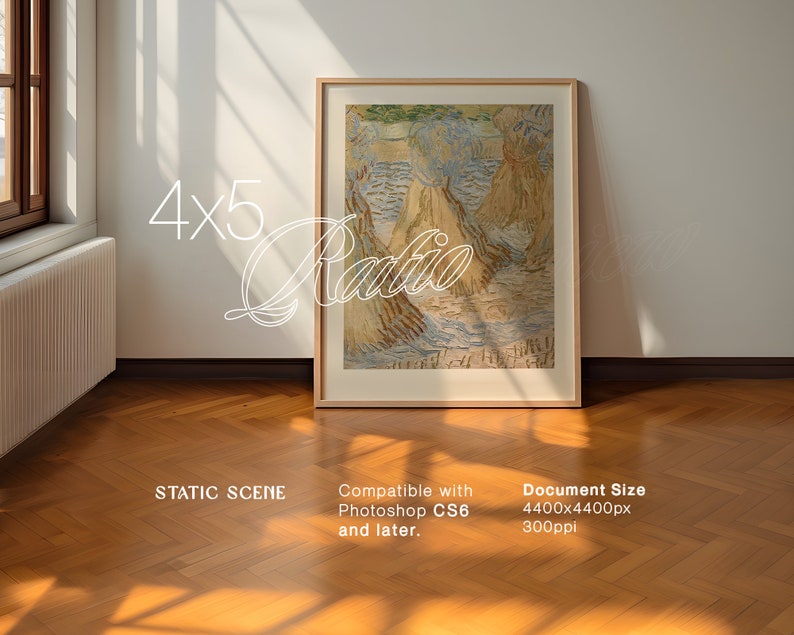 May include: A framed print of a painting depicting a field of wheat stalks in shades of yellow, brown, and blue. The painting is in a simple, light wood frame. The text "4x5 Ratio" is written in white on the left side of the image.