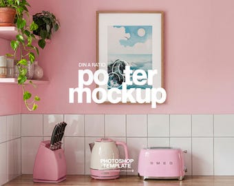 DIN A Poster Mockup: Pink Kitchen Frame Template PSD (Digital Download)