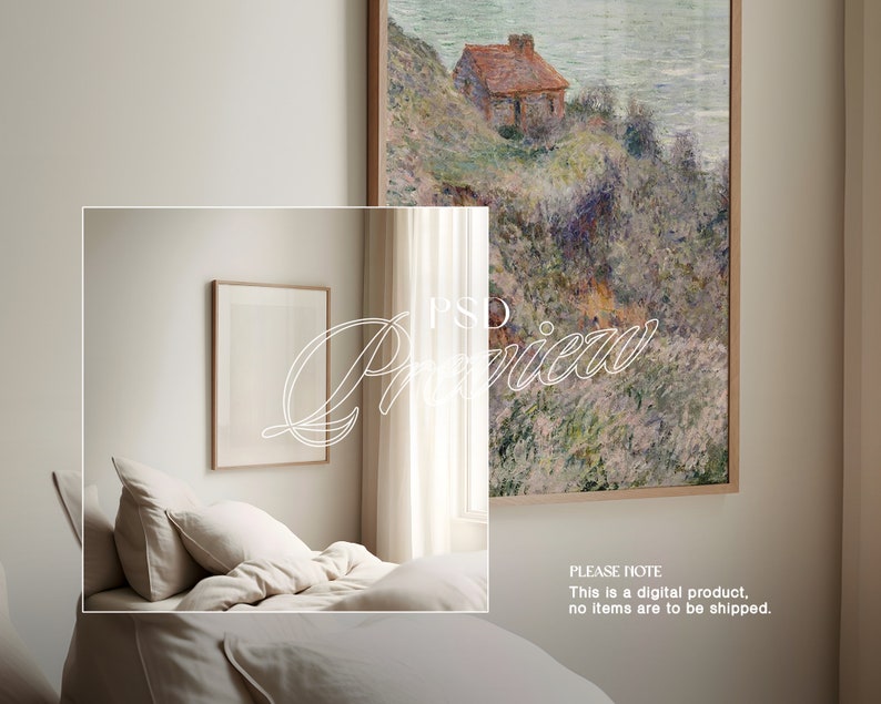 May include: A digital illustration of a painting depicting a small house on a cliff overlooking a body of water. The house is painted in shades of brown and red, and the water is a light blue. The painting is framed in a wooden frame and is hanging on a white wall.