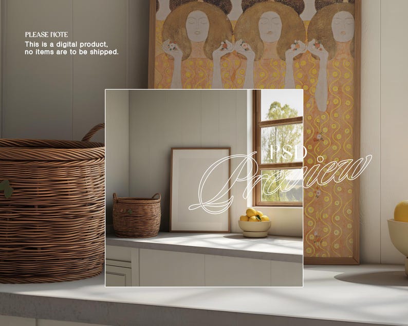 May include: A digital product preview featuring a kitchen scene. A large woven basket and a smaller one sit on a countertop. A framed print and a bowl of lemons are also present. The text reads: "PLEASE NOTE This is a digital product, no items are to be shipped."