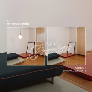 May include: Two images showing a room with a couch, a light fixture, and a framed picture. The image on the left shows the room with optional elements, while the image on the right shows the room without optional elements. The text "PSD Preview" is written in white cursive across the images.