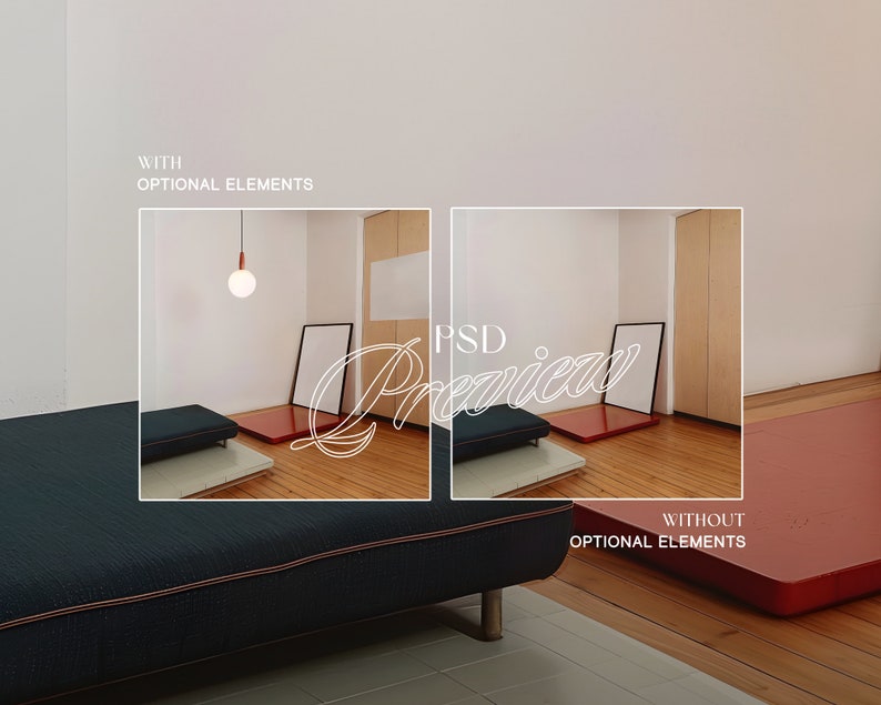 May include: Two images showing a room with a couch, a light fixture, and a framed picture. The image on the left shows the room with optional elements, while the image on the right shows the room without optional elements. The text "PSD Preview" is written in white cursive across the images.