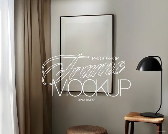 DIN A Black Frame Photoshop Mockup with Minimal Lamp Interior Scene for Wall Art and Prints Display | A2 Frame Mockup PSD Template