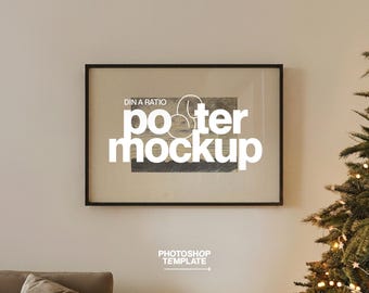 DIN A Black Horizontal Frame Mockup: Minimalist Christmas Scene Photoshop Template (Digital Download)