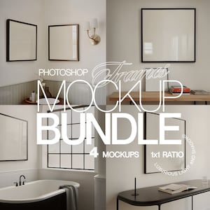 May include: A mockup bundle showcasing four square frames with black and brown borders, presented in different interior settings. The image includes the text "Photoshop Mockup Bundle", "4 Mockups", and "1x1 Ratio". The frames are blank, ideal for design placement.