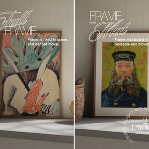 May include: Two framed art prints. One features a colorful abstract design with green, orange, and black elements. The other is a portrait of a man in a postal uniform. Text on the image reads "Full Frame" and "Frame with Mat".