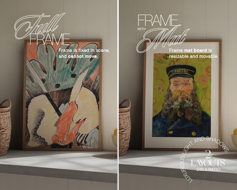 May include: Two framed art prints. One features a colorful abstract design with green, orange, and black elements. The other is a portrait of a man in a postal uniform. Text on the image reads "Full Frame" and "Frame with Mat".