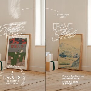 May include: Two framed art prints with different layouts. The first print is a full frame with a Japanese woodblock print of a woman in a garden. The second print has a mat board and a watercolor landscape painting. The text "Full Frame" and "Frame with Mat" are written in white on a black background.