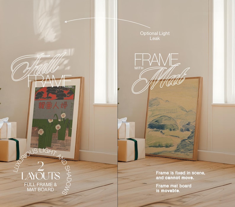 May include: Two framed art prints with different layouts. The first print is a full frame with a Japanese woodblock print of a woman in a garden. The second print has a mat board and a watercolor landscape painting. The text "Full Frame" and "Frame with Mat" are written in white on a black background.