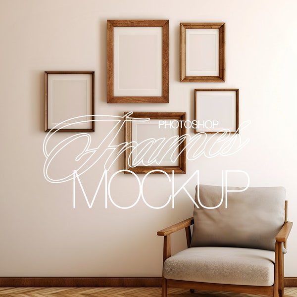 Five Frame Mockup for Photoshop | Gallery Wall Wood Frames PSD Template for Artwork and Prints | Simple Wood Frame Mockup Assorted