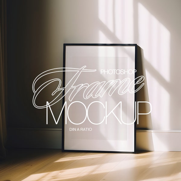 DIN A Black Frame Photoshop Mockup for Art and Printables | ISO Leaning Frame PSD Template with Moody Lighting