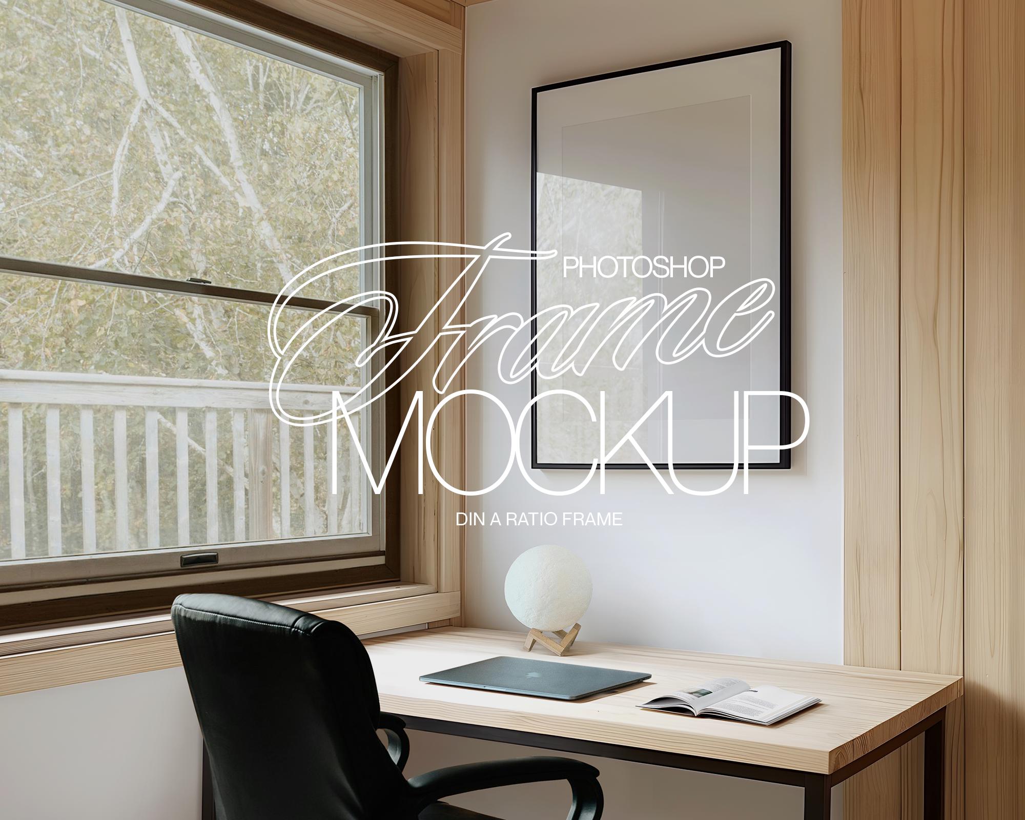 DIN A Black Frame Photoshop Mockup Template for Art and Prints Display | ISO Frame Mockup PSD in Minimalist Study Scene