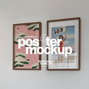 May include: Two framed posters on a white wall. One features a pink background with white clouds and black birds. The other shows a woman holding a sign with the number 503. Both are in brown wooden frames.