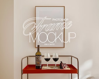 DIN A Wood Frame Photoshop Mockup with Cute Red Bar Cart Interior | ISO Frame PSD Mockup Template for Art and Prints Display