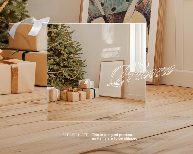 May include: A Christmas scene with a decorated Christmas tree, wrapped presents, and a framed picture on a wooden floor. The presents are wrapped in brown paper with white ribbon and gold accents.