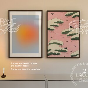 May include: Two framed pictures hanging on a wall. The picture on the left has a gradient of orange and blue. The picture on the right has a pink background with green and white clouds and black birds. The text "FRAME WITH Mat" is on the left and "Full FRAME" is on the right. The text "LUXURIOUS LIGHT AND SHADOWS 2 LAYOUTS FULL FRAME & MAT BOARD" is below the pictures.